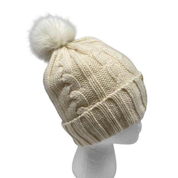 PINK Victoria's Secret Hat Cream Cable Knit Beanie Pom Pom Sherpa Lined - Picture 1 of 12